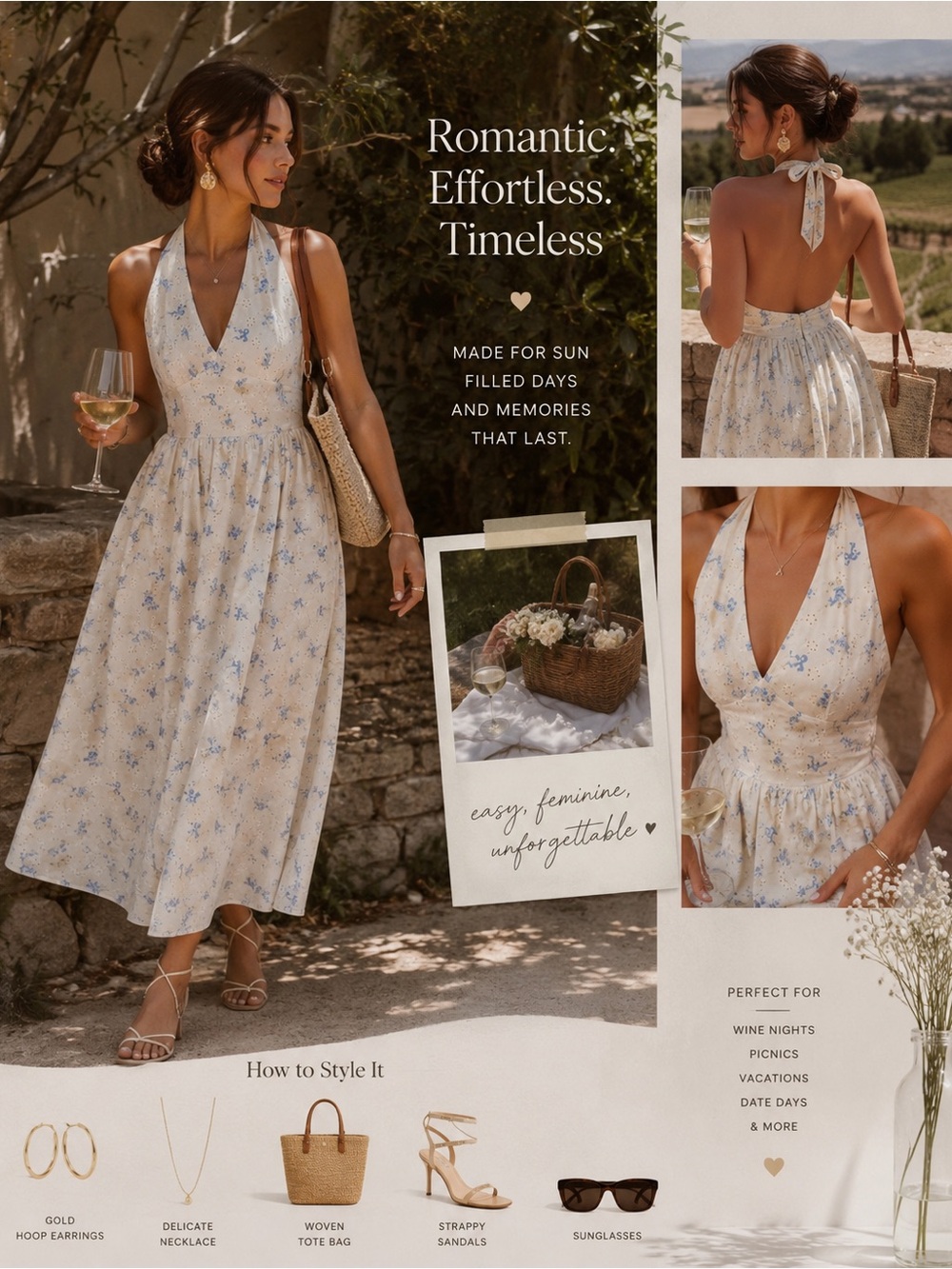 Women’s Halter Floral Dress - Cream with Blue Flowers